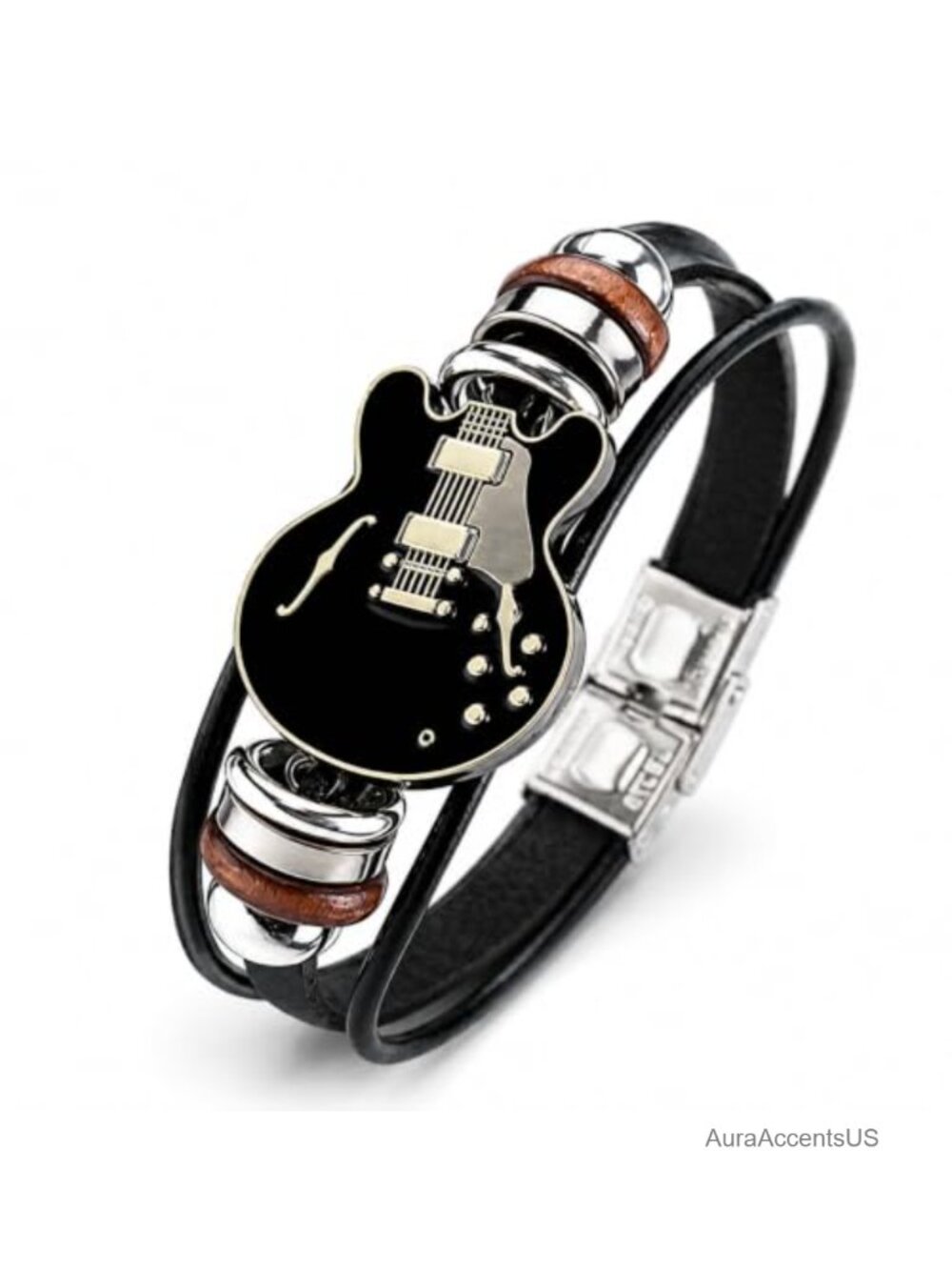 Multilayer Leather Bracelet with Guitar Charm for Men Women Unisex Music Rock